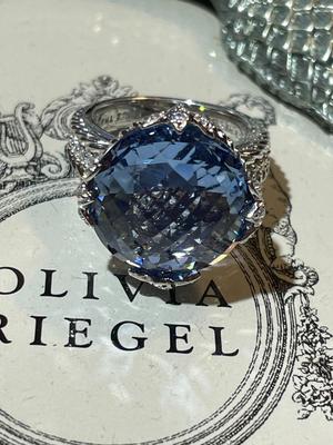 Judith Ripka Designer Cushion-Cut Blue Topaz Sterling Silver Ring w/CZ Accents Ring Size 6 in Never Worn Condition.