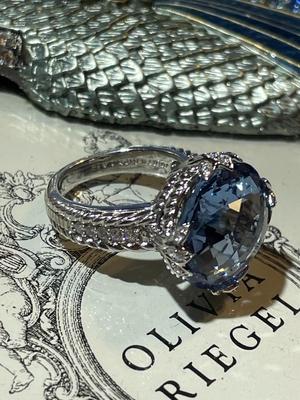 Judith Ripka Designer Cushion-Cut Blue Topaz Sterling Silver Ring w/CZ Accents Ring Size 6 in Never Worn Condition.