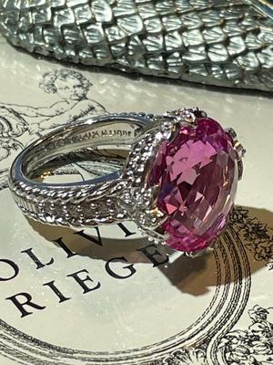 Judith Ripka Designer Cushion-Cut Pink Stone Sterling Silver Ring w/CZ Accents Ring Size 6 in Never Worn Condition.
