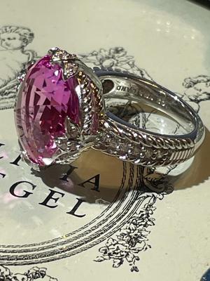 Judith Ripka Designer Cushion-Cut Pink Stone Sterling Silver Ring w/CZ Accents Ring Size 6 in Never Worn Condition.