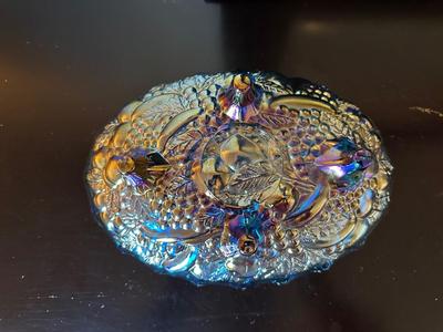 BLUE CARNIVAL GLASS FOOTED BOWL