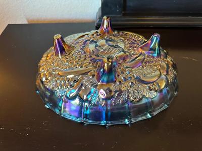BLUE CARNIVAL GLASS FOOTED BOWL