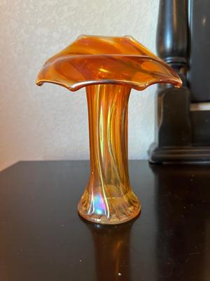 MARIGOLD JACK IN THE PULPIT VASE AND CARNIVAL GLASS FOOTED BOWL