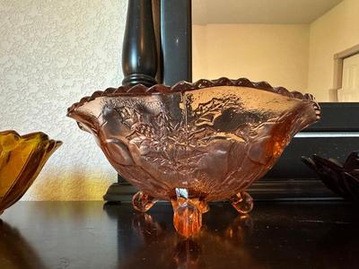 AMETHYST AND 2 AMBER CARNIVAL GLASS BOWLS