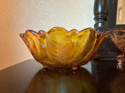 AMETHYST AND 2 AMBER CARNIVAL GLASS BOWLS