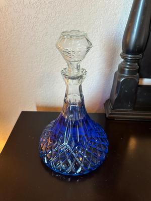 2 GLASS DECANTERS W/COLORED WATER