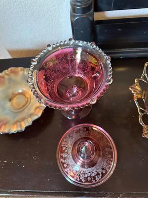 CRANBERRY CANDY DISH AND 2 AMBER BOWLS