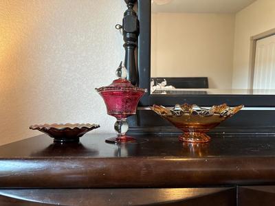 CRANBERRY CANDY DISH AND 2 AMBER BOWLS