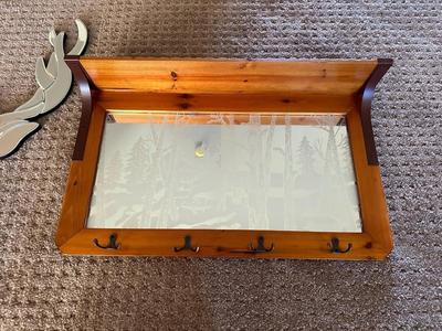 ETCHED MIRRORED WALL SHELF W/COAT HOOKS AND A MIRRORED ELK