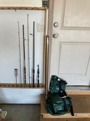 BIBBED RAIN PANTS, FISHING POLES, POLE HOLDER AND TUBE