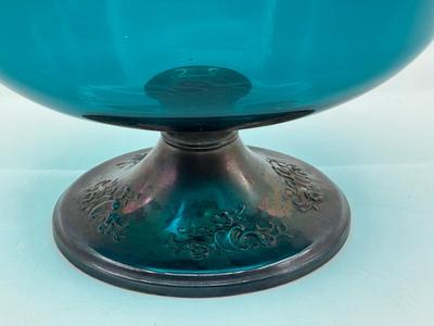 GORHAM Turquoise Glass Compote with Sterling Base
