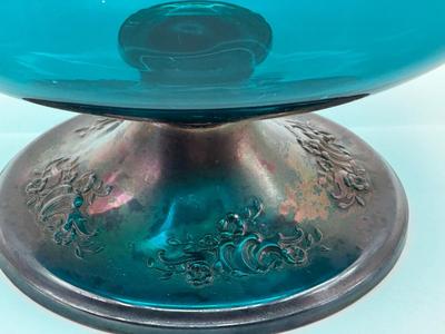 GORHAM Turquoise Glass Compote with Sterling Base