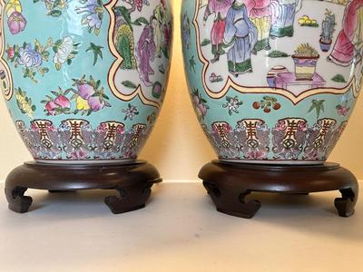 Pair of Ginger Jar Chinoiserie Style Table Lamps with Wood Base