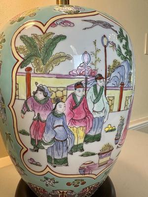 Pair of Ginger Jar Chinoiserie Style Table Lamps with Wood Base