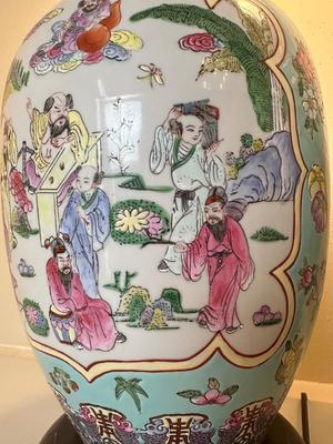 Pair of Ginger Jar Chinoiserie Style Table Lamps with Wood Base