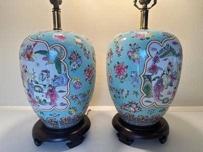Pair of Ginger Jar Chinoiserie Style Table Lamps with Wood Base