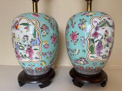 Pair of Ginger Jar Chinoiserie Style Table Lamps with Wood Base