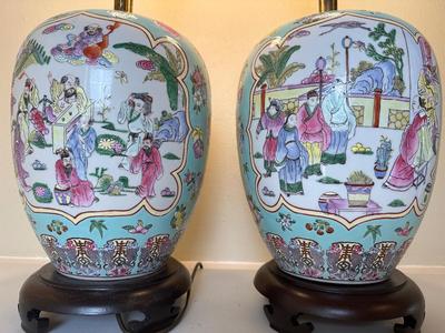 Pair of Ginger Jar Chinoiserie Style Table Lamps with Wood Base