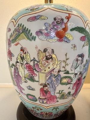 Pair of Ginger Jar Chinoiserie Style Table Lamps with Wood Base