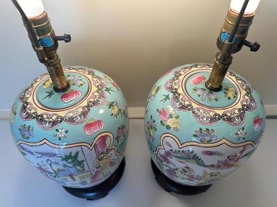 Pair of Ginger Jar Chinoiserie Style Table Lamps with Wood Base