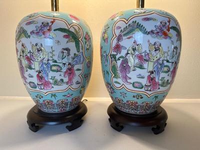 Pair of Ginger Jar Chinoiserie Style Table Lamps with Wood Base
