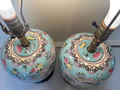 Pair of Ginger Jar Chinoiserie Style Table Lamps with Wood Base