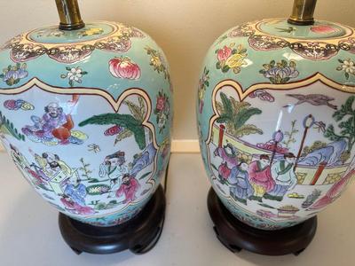 Pair of Ginger Jar Chinoiserie Style Table Lamps with Wood Base