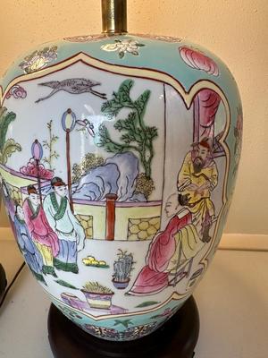 Pair of Ginger Jar Chinoiserie Style Table Lamps with Wood Base
