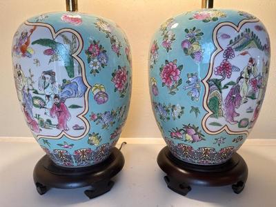 Pair of Ginger Jar Chinoiserie Style Table Lamps with Wood Base