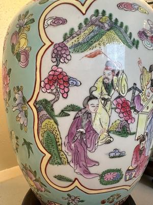 Pair of Ginger Jar Chinoiserie Style Table Lamps with Wood Base