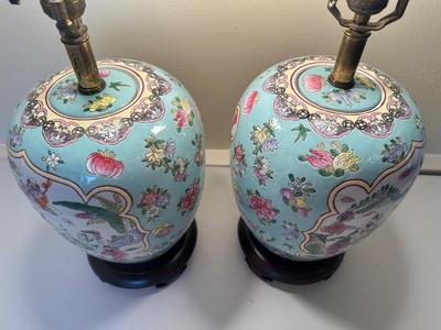 Pair of Ginger Jar Chinoiserie Style Table Lamps with Wood Base