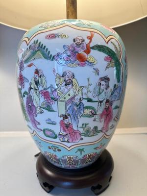 Pair of Ginger Jar Chinoiserie Style Table Lamps with Wood Base
