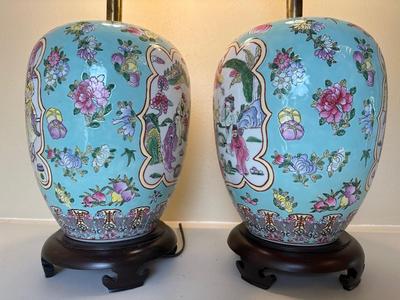 Pair of Ginger Jar Chinoiserie Style Table Lamps with Wood Base