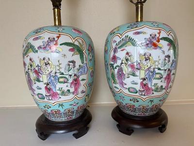 Pair of Ginger Jar Chinoiserie Style Table Lamps with Wood Base