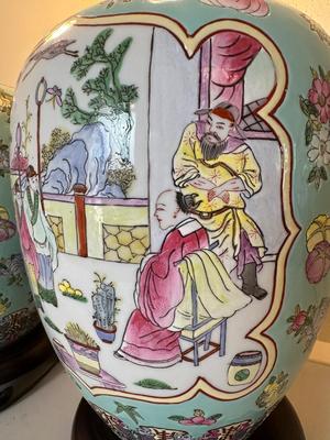 Pair of Ginger Jar Chinoiserie Style Table Lamps with Wood Base
