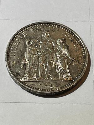 France 1967 Uncirculated Condition Toned "Hercules" Large 10-Francs Silver Coin as Pictured.