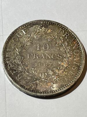 France 1967 Uncirculated Condition Toned "Hercules" Large 10-Francs Silver Coin as Pictured.