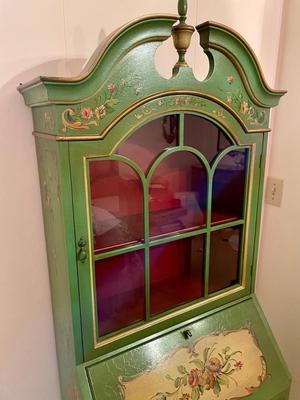 Narrow Green Antique French Secretary Desk with Hutch painted pink roses on creamy background