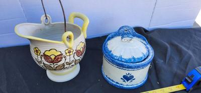 Large Vintage Ceramic pitcher and Wall Crock/Hanging Salt Crock/Decor