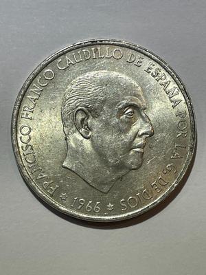 Spain First Year Issue (1966) AU Condition 100 Pesetas Large SILVER Coin Featuring General Bahamonde & Shield as Pic'd.