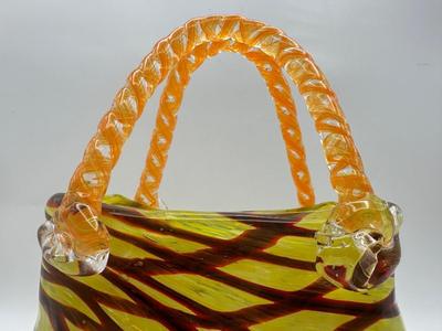 Vintage Murano Style Glass Handbag Purse Yellow, Red &Brown Pattern With Orange