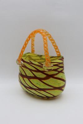 Vintage Murano Style Glass Handbag Purse Yellow, Red &Brown Pattern With Orange