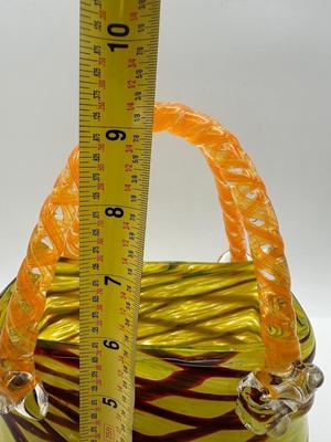Vintage Murano Style Glass Handbag Purse Yellow, Red &Brown Pattern With Orange
