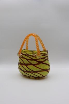 Vintage Murano Style Glass Handbag Purse Yellow, Red &Brown Pattern With Orange