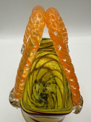 Vintage Murano Style Glass Handbag Purse Yellow, Red &Brown Pattern With Orange