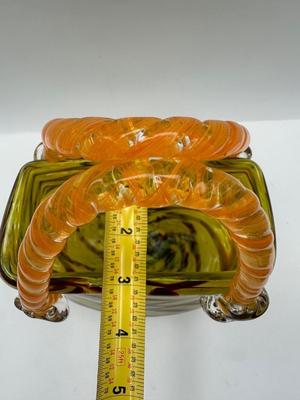 Vintage Murano Style Glass Handbag Purse Yellow, Red &Brown Pattern With Orange