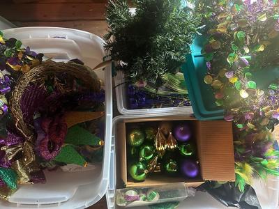 Three Bins of Mardi Gras Decoration