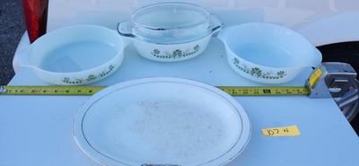 Three VINTAGE GLASBAKE MILK GLASS GREEN FLORAL PATTERN CASSEROLE DISH