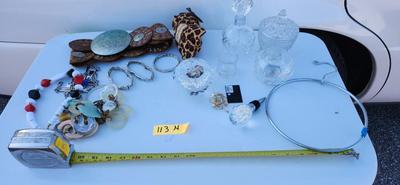 Glass and Jewlry Lot and Belts including Bubble Apple Paper-Weight