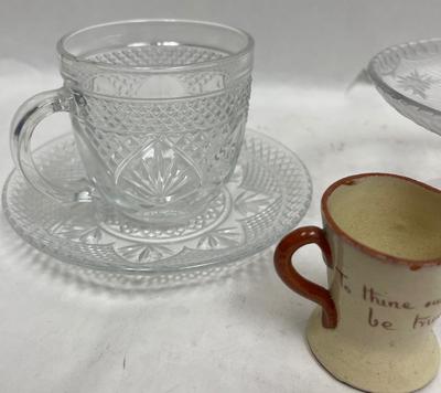 Misc. Vintage Glass, and Ceramic Lot - demitasse cup, mini creamer, mini cake plate, cup & saucer, candlestick holder
